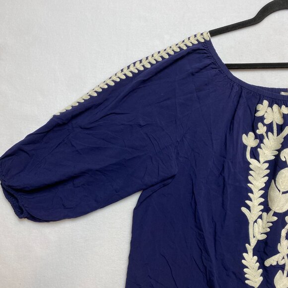 Solitaire Boho Embroidered Floral Blouse Top Women's 2X Blue 3/4 Cold Shoulder - Picture 5 of 11